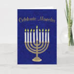 Hanukkah Gold Menorah Celebrate Miracles Elegant Holiday Card<br><div class="desc">Against a faux textured background image of deep royal blue, an antique gold and white Menorah design adds classic elegance to this Hanukkah greeting card. "Celebrate Miracles" in a gold tone text on the front of the card can be customized to your own greeting if you wish, while inside the...</div>