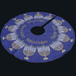 Hanukkah Gold Menorah Family Chrismukkah Brushed Polyester Tree Skirt<br><div class="desc">Personalize this now! This elegant pattern of gold Menorahs on deep faux-sparkly blue will look lovely under your Christmas bush or your Hanukkah tree. Blending holiday traditions doesn't need to be a challenge for interfaith families; embrace them all with love. A Chrismukkah tree skirt with Hanukkah Menorahs along with personalized...</div>