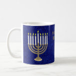 Hanukkah Gold Menorah Gift Or Holiday Kitchen Coffee Mug<br><div class="desc">Choose this elegant gold and deep blue Hanukkah mug as a gift for someone special or build a set for your own holiday kitchen. This gold tone menorah design with nine white candles set on a background of faux sparkle navy blue is my original design and is offered exclusively in...</div>