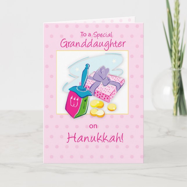 Hanukkah Granddaughter, Pink, Toys and Gifts Holiday Card (Front)