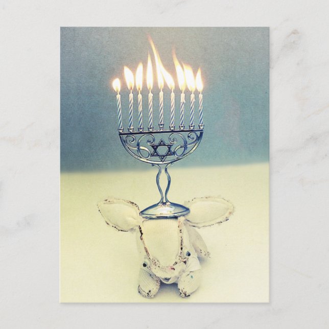 Hanukkah Greeting Card - Aldo a Rabbit and Menorah (Front)
