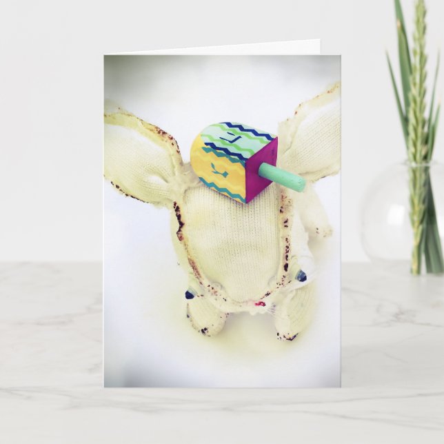 Hanukkah Greeting Card with Aldo and a dreidel (Front)