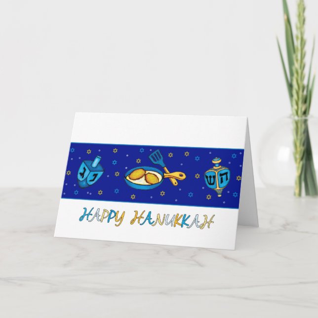 Hanukkah Greeting Card With Dreidel And Latkes (Front)