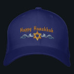 Hanukkah Greeting Embroidered Hat<br><div class="desc">Hanukkah design features a gold Star of David with  blue swirls. Text above says Happy Hanukkah,  but is optional and can be customized by you or deleted.</div>