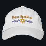 Hanukkah Greeting Embroidered Hat<br><div class="desc">Hanukkah design features a gold Star of David with  blue swirls. Text above says Happy Hanukkah,  but is optional and can be customized by you or deleted.</div>