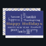 Hanukkah Greetings Holiday Blue<br><div class="desc">Collage of holiday greetings,  Happy Holidays,  Hanukkah,  New Year,  Goodwill,  Laughter,  Happiness,  Namaste,  Joy,  Peace,  Love,  Thanksgiving,  Family,  & Giving. Customize with your name and year.</div>