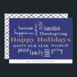 Hanukkah Greetings Holiday Blue<br><div class="desc">Collage of holiday greetings, Happy Holidays, Hanukkah, New Year, Goodwill, Laughter, Happiness, Namaste, Joy, Peace, Love, Thanksgiving, Family, & Giving. Customize with your name and year.</div>
