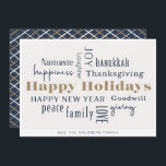 Hanukkah Greetings Holiday Blue Gold<br><div class="desc">Collage of holiday greetings,  Happy Holidays,  Hanukkah,  New Year,  Goodwill,  Laughter,  Happiness,  Namaste,  Joy,  Peace,  Love,  Thanksgiving,  Family,  & Giving. Customize with your name and year.</div>
