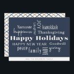 Hanukkah Greetings Holiday Navy Gold<br><div class="desc">Collage of holiday greetings,  Happy Holidays,  Hanukkah,  New Year,  Goodwill,  Laughter,  Happiness,  Namaste,  Joy,  Peace,  Love,  Thanksgiving,  Family,  & Giving. Customize with your name and year.</div>