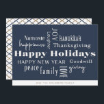 Hanukkah Greetings Holiday Navy Gold<br><div class="desc">Collage of holiday greetings,  Happy Holidays,  Hanukkah,  New Year,  Goodwill,  Laughter,  Happiness,  Namaste,  Joy,  Peace,  Love,  Thanksgiving,  Family,  & Giving. Customize with your name and year.</div>