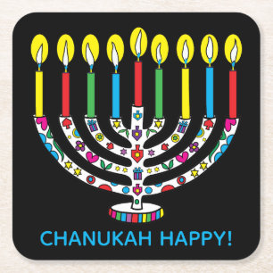 Hanukkah Hanukkiah Colorful Menorah Square Paper Coaster