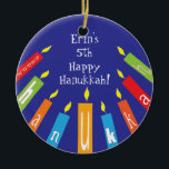 Hanukkah Happy Colourful Candles Ornament<br><div class="desc">Hanukkah Happy Colourful Candles Ornament.
Personalize each side by deleting existing text and adding your own with your favourite font style,  colour and size. Happy Hanukkah! Thanks for shopping and stopping by! Much appreciated!</div>