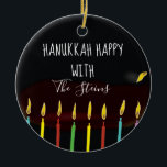 Hanukkah Happy Colourful Menorah Candles Ceramic Ornament<br><div class="desc">Hanukkah "Hanukkah Happy Colourful Menorah Candles" Circle Ornament. (2 sided) Personalize by deleting text on front and back of the ornament. Then using your favourite font colour, size, and style, type in your own words. Thanks for stopping and shopping by. Much appreciated! Happy Chanukah/Hanukkah! Bring a lot more holiday cheer...</div>