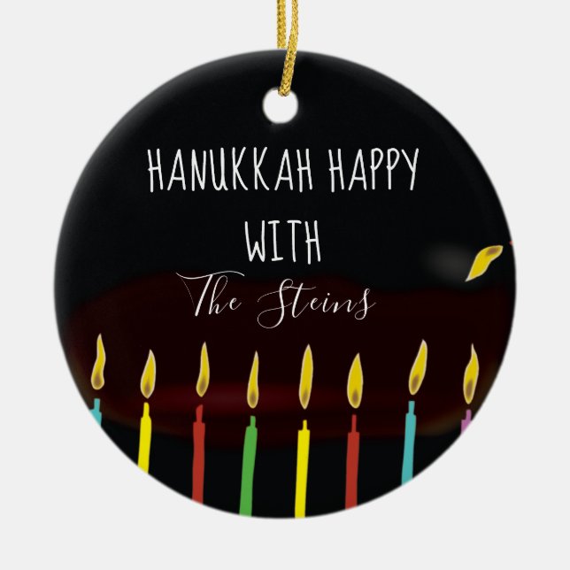 Hanukkah Happy Colourful Menorah Candles Ceramic Ornament (Front)