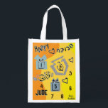 Hanukkah Happy Dancing Dreidels Reusable Grocery Bag<br><div class="desc">Hanukkah Happy Dancing Dreidels white 2-sided bag. All design elements can be edited. All editable text can be deleted and replaced with your own message. Use your favourite font colour, size, and style. Happy Hanukkah/Chanukah! Style: Reusable Bag Go green and save the planet with our reusable grocery bag! Made with...</div>