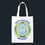 Hanukkah Happy Dog, Light, Eat, Spin Reusable Grocery Bag<br><div class="desc">Hanukkah Happy Dog, Light, Eat, Spin, white 2-sided bag. All design elements can be edited. All editable text can be deleted and replaced with your own message. Use your favourite font colour, size, and style. Happy Hanukkah/Chanukah! Style: Reusable Bag Go green and save the planet with our reusable grocery bag!...</div>