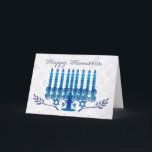 hanukkah holiday card with menorah in blue and whi<br><div class="desc">hanukkah holiday card with menorah in blue and white Menorah Hanukkah Greeting Card In Blue And White, Menorah made using graphic tablet, at the bottom two olive branches, Happy Hanukkah, you can have this personalised with names and family names, just press the artist pallet on the card for the request....</div>