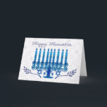 hanukkah holiday card with menorah in blue and whi<br><div class="desc">hanukkah holiday card with menorah in blue and white Menorah Hanukkah Greeting Card In Blue And White, Menorah made using graphic tablet, at the bottom two olive branches, Happy Hanukkah, you can have this personalised with names and family names, just press the artist pallet on the card for the request....</div>