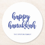 Hanukkah Holiday Modern Blue and White Round Paper Coaster<br><div class="desc">Modern holiday paper coaster featuring a simple yet elegant design with "Happy Hanukkah" in bold navy blue typography over white. These custom coasters are perfect for adding a personal touch to your Hanukkah party. Coordinating items available in the complete collection. If you need assistance finding the collection, feel free to...</div>