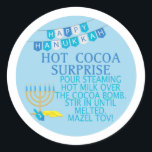 HANUKKAH Hot cocoa bomb sticker, Mazel tov Classic Round Sticker<br><div class="desc">HAPPY HANUKKAH hot chocolate bomb labels.  HOT COCOA SURPRISE,  MAZEL TOV
HOT COCOA BOMB TAGS,  HOT COCOA BOMB STICKERS

Dress up your cocoa bomb gifts with these cute labels.  Use for your small business or gifting.

HANUKKAH cocoa bombs are great gift ideas with a few mugs and cookies!</div>