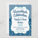 Hanukkah Invitation Blue Menorah Star Of David<br><div class="desc">A cute blue Hanukkah invitation featuring a menorah and Star of David pattern in blue and turquoise,  along with blue and white stripes. Let this charming and fun Chanukah celebration invite be your stylish way to celebrate the holidays.</div>