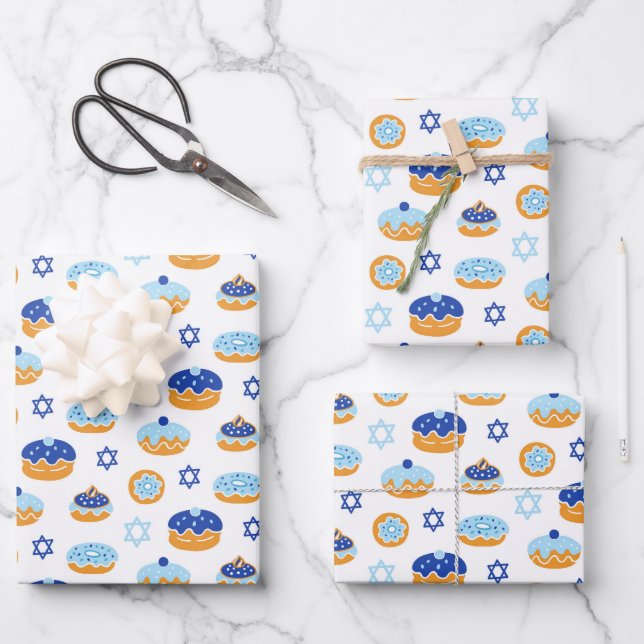 Hanukkah Jelly Doughnut Star of David Wrapping Pap Paper Sheet (Front)