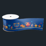 Hanukkah Jewish Holiday Hanukkiah Decoration Satin Ribbon<br><div class="desc">Happy Hanukkah Party Jewish Holiday Festival of Lights. Winter Holiday Chanukkah Decoration with gold traditional Chanuka decorative symbols - Gold Hanukkiah menorah, candlestick with candles, wooden dreidels (spinning top), doughnuts (sweet doughnuts), star of David and glowing lights doodle cartoon pattern, cartoon style. Hanukkah Festival of lights Event Decoration. Jerusalem, Israel....</div>