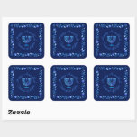 Hanukkah Jewish Holiday Menorah Ornate Mandala Square Sticker<br><div class="desc">Happy Hanukkah Party Jewish Holiday Blue Menorah pattern. Jewish Holiday Chanukkah Decoration with traditional Chanuka decorative symbols - Navy Blue colour hanukkiah menorah, candlestick with candles, dreidel, doughnuts, star of David and neon blue glowing lights illustration. Hanukkah Festival of lights Event Decoration. Jerusalem, Israel. Crafts & Party Supplies > Gift...</div>