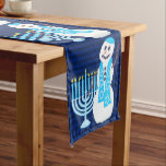 Hanukkah Jewish Snowman And Blue Menorah Holiday Long Table Runner<br><div class="desc">A dark blue striped background sets off thissnowman and Menorah for a custom one of a kind Hanukkah table runner. Personalize it now! Set the party table or feature the buffet sideboard for family dinner during the Festival Of Lights season. Matching items such as plates and napkins are available with...</div>