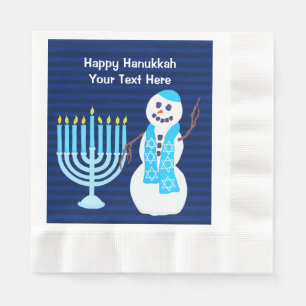 Hanukkah Jewish Snowman And Blue Menorah Large Napkin