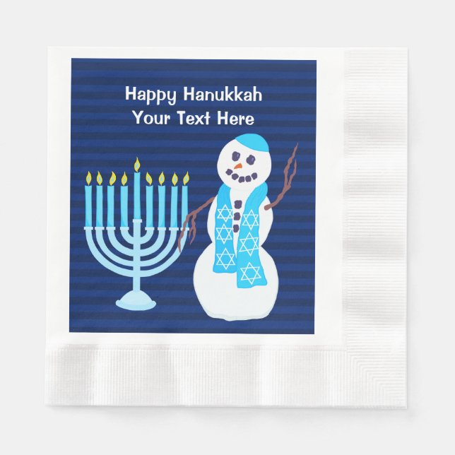 Hanukkah Jewish Snowman And Blue Menorah Large Napkin (Front)
