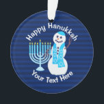 Hanukkah Jewish Snowman Blue Menorah Chrismukkah Ornament<br><div class="desc">Hang this personalized Hanukkah ornament from a window, the fireplace mantel or on the Chanukkah bush if you have one. Your custom white text pops on the navy blue stripes on one side, with no text and a larger version of the smiling snowman and light blue Hanukiah on the other....</div>