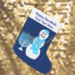 Hanukkah Jewish Snowman Blue Menorah For Kids Large Christmas Stocking<br><div class="desc">Just because you celebrate Chanukkah doesn't mean you can't hang a stocking. This cheeky snowman in his bright blue Star Of David scarf with his very own Menorah is an original design that makes the white and blue Hanukkah stocking even more unique. Personalize the Happy Hanukkah text with names or...</div>
