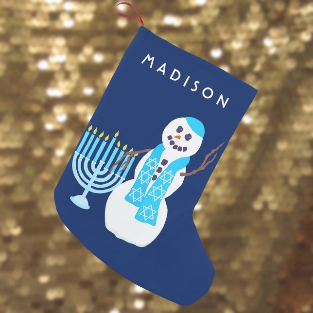 Hanukkah Jewish Snowman Menorah SML Chrismukkah Small Christmas Stocking (Add a name to this cute snowman and menorah holiday stocking perfect for interfaith families)
