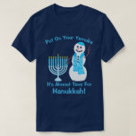 Hanukkah Jewish Snowman Put On Your Yamuka Fun T-Shirt<br><div class="desc">Put on your Yamuka, it's almost time for Hanukkah! This funny Hanukkah tee shirt with text you can customize features my waving snowman, dressed in his bright blue Yamuka and matching scarf with a Star of David pattern, standing next to his pale blue Menorah with sky blue candles. This cute...</div>