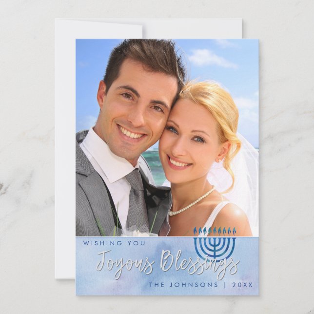 Hanukkah Joyous Blessings Blue Watercolor Holiday Card (Front)