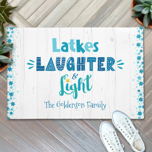 Hanukkah Latkes Laughter Light Blue and White Wood Doormat