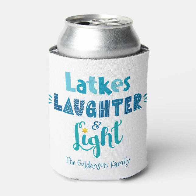 Hanukkah Latkes Laughter Light Fun Bold Typography Can Cooler (Can Front)