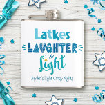 Hanukkah Latkes Laughter Light Funny Custom Name Hip Flask<br><div class="desc">“Latkes, laughter & light.” Playful, whimsical handcrafted typography in dusty blue, turquoise and teal on a clean, white background, along with your name and funny saying, help you usher in Hanukkah. Feel the warmth of the holiday season whenever you use this stylish and modern custom holiday flask. Personalize with your...</div>