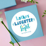 Hanukkah Latkes Laughter Light Modern Typography Classic Round Sticker<br><div class="desc">“Latkes, laughter & light.” Fun, whimsical handcrafted typography in dusty blue, turquoise and teal on a white background, helps you usher in Hanukkah. Feel the warmth and joy of the holiday season whenever you use this stunning, colourful, personalized, custom name Hanukkah sticker. Your choice of a round or square shape,...</div>