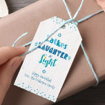 Hanukkah Latkes Laughter Light Typography Rustic Gift Tags<br><div class="desc">“Latkes, laughter & light.” Fun, whimsical handcrafted typography in dusty blue, turquoise and teal on a white rustic wood background, help you usher in the festival of lights. Hand drawn white lines and a light blue Stars of David pattern overlay a teal background on the back. Make sure your gifts...</div>
