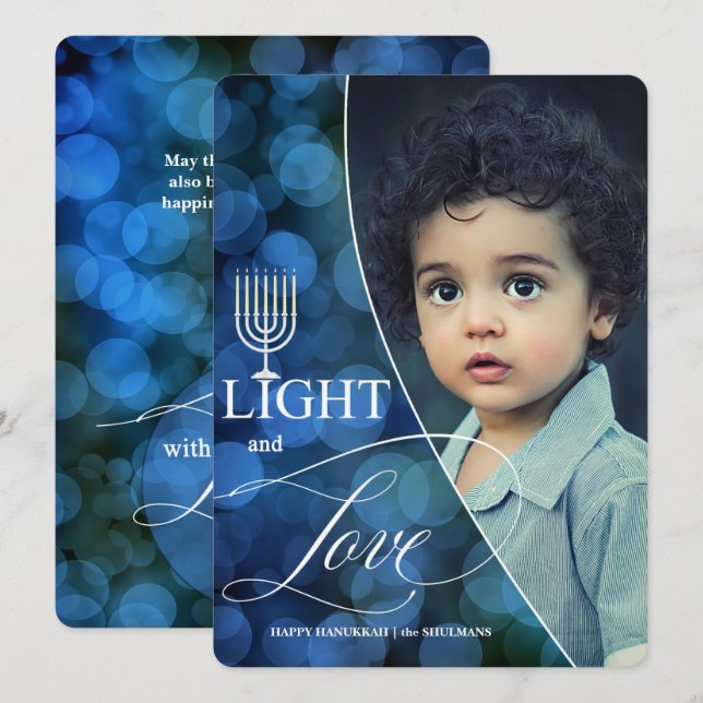 Hanukkah Light and Love with Name and Photo Holiday Card (Front/Back)