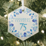 Hanukkah Lights Festival Anniversary 75th Blue Glass Ornament<br><div class="desc">Happy Hanukkah Party Beautiful Blue Decoration, Jewish Holiday, Refrigerator Magnet. Jewish Holiday Hanukkah background with traditional Chanukah symbols - wooden dreidels (spinning top), donuts, Hanukkiah - menorah, candles, Blue star of David, Israeli flag blue color, and glowing lights wallpaper pattern. Hanukkah Lights Festival Israel Anniversary 75 Event Decoration. Jerusalem, Israel....</div>