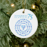 Hanukkah Lights Festival Anniversary 75th Magnet Ceramic Ornament<br><div class="desc">Happy Hanukkah Party Beautiful Blue Decoration, Jewish Holiday, Refrigerator Magnet. Jewish Holiday Hanukkah background with traditional Chanukah symbols - wooden dreidels (spinning top), donuts, Hanukkiah - menorah, candles, Blue star of David, Israeli flag blue color, and glowing lights wallpaper pattern. Hanukkah Lights Festival Israel Anniversary 75 Event Decoration. Jerusalem, Israel....</div>