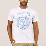 Hanukkah Lights Festival Anniversary 75th T-Shirt<br><div class="desc">Happy Hanukkah Festival of Lights Anniversary 75th Celebration concept design for Clothing & Shoes, Men, Clothing, Tops & T-Shirts, Men's T-Shirts. Trendy design Israeli flag blue colour, traditional Chanukah symbols - wooden dreidels (spinning top), doughnuts, Hanukkiah - menorah, candles, Blue star of David, Israeli flag blue colour, and glowing lights...</div>