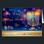 Hanukkah Lights Festival Holiday Menorah Card<br><div class="desc">Happy Hanukkah Beautiful Jewish Holiday Festival of Lights Greeting Card. Jewish Holiday Hanukkah background with traditional Chanukah symbols - wooden dreidels (spinning top), doughnuts, menorah, candles, star of David and bokeh glowing lights, sparkles wallpaper pattern. Hanukkah Festival Decoration. Jerusalem, Israel. Invitations & Stationery, Greeting Cards, Holiday and Seasonal, Hanukkah 2023...</div>