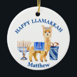 Hanukkah LLama Happy Llamakkah funny Ceramic Ornament<br><div class="desc">This design was created though digital art. It may be personalized in the area provided or customizing by changing the photo or added your own words. Contact me at colorflowcreations@gmail.com if you with to have this design on another product. Purchase my original abstract acrylic painting for sale at www.etsy.com/shop/colorflowart. See...</div>
