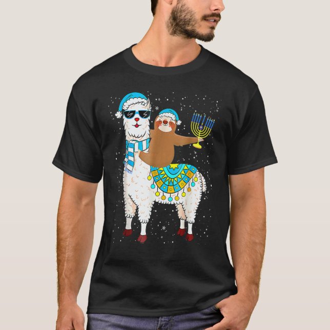 Hanukkah Llamakah Llama Sloth Happy Hanukkah Chanu T-Shirt (Front)