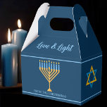 Hanukkah Love and Light Menorah Custom Blue Party Favor Box<br><div class="desc">Cute custom Love and Light Hanukkah party favour box for Jewish family gifts at a Chanukah party or a synagogue. Personalize with your own last name or group information in blue around the pretty gold and blue menorah.</div>