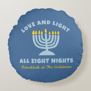 Hanukkah "Love and Light" Personalized Jewish Blue Round Pillow